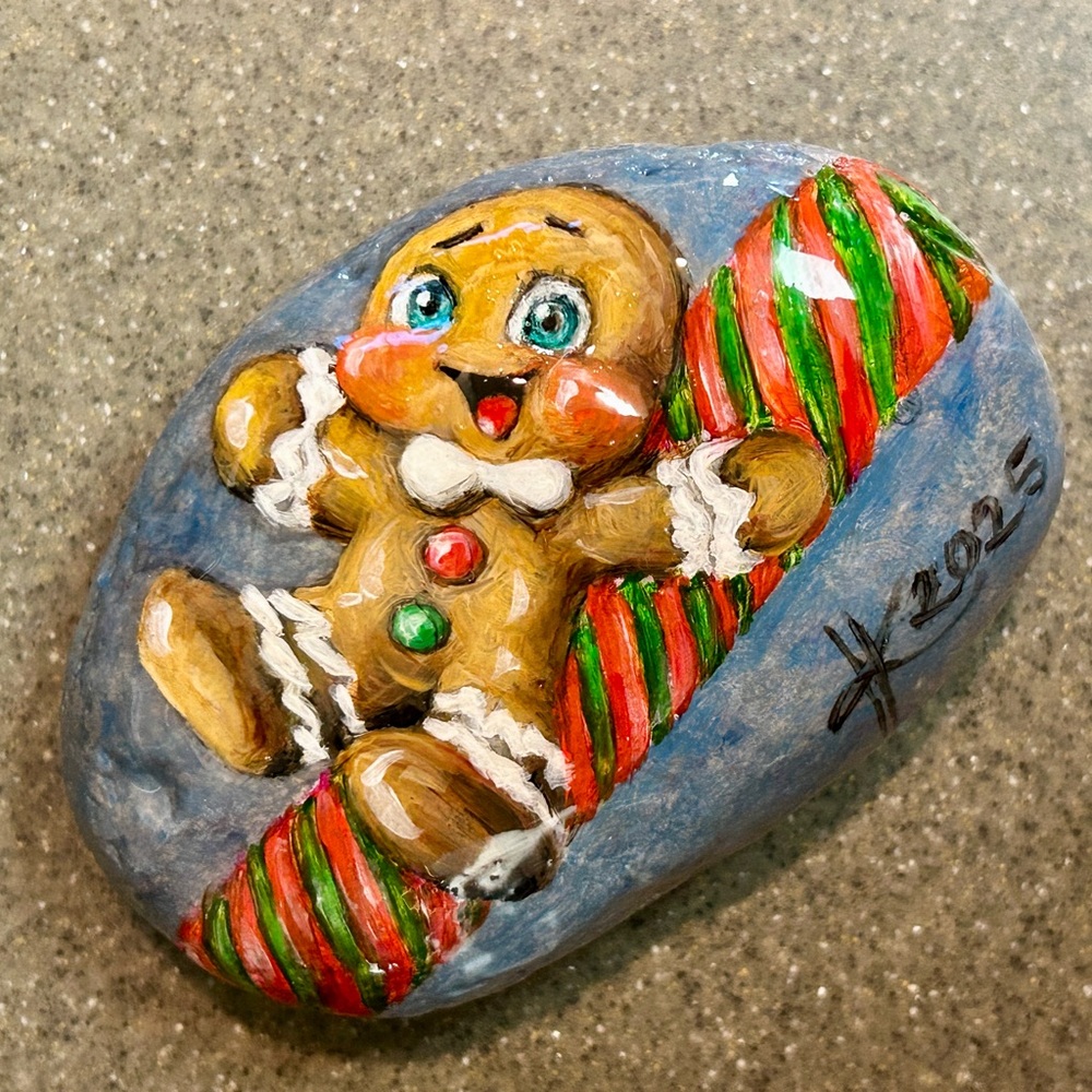 Artisan Hand-Painted oil Gingerbread Rock Art by Artist Kathryn Kinder